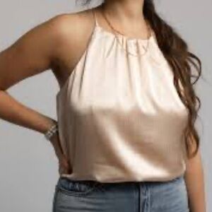 Nicole Miller NY Women’s Satin Halter Champagne Sleeveless Tank Blouse Large EUC